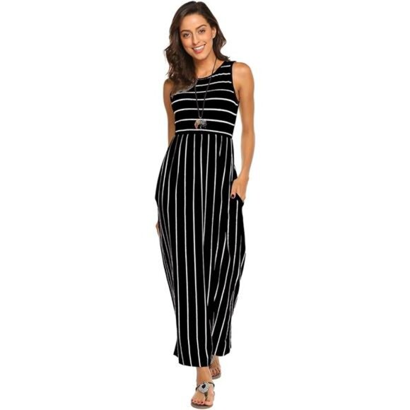 Women's Black Summer Sleeveless Striped Flowy Casual Long Maxi Dress - Picture 2 of 4
